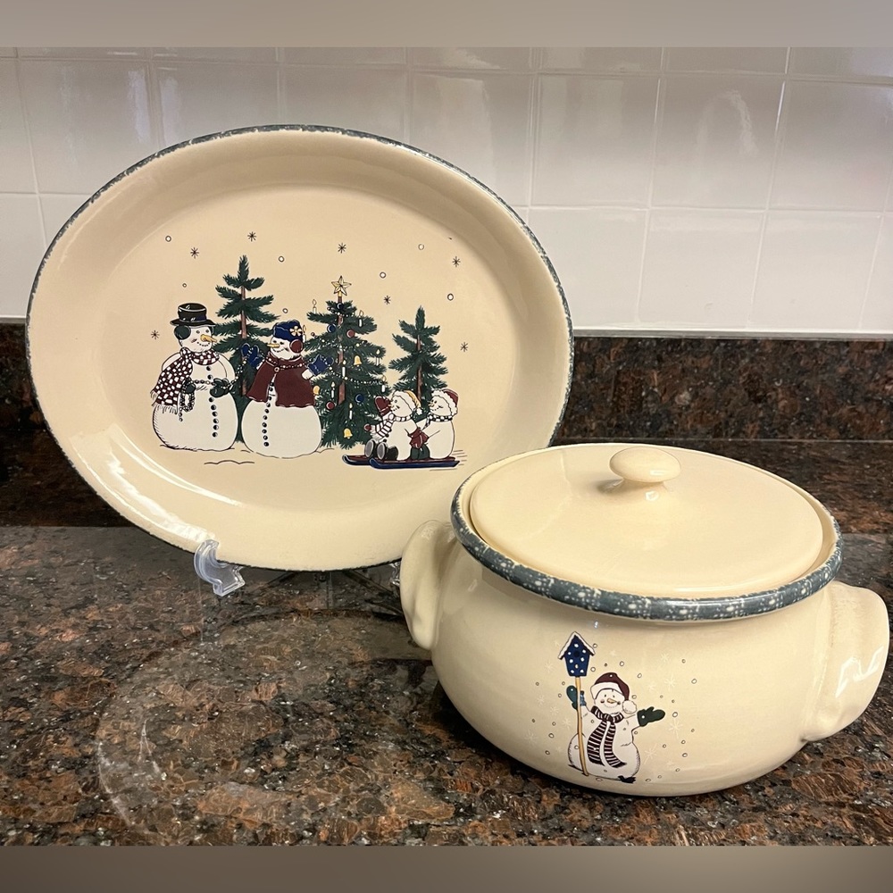 Home & Garden Party Snowman Holiday Serving plate And Casserole Dish With Lid
